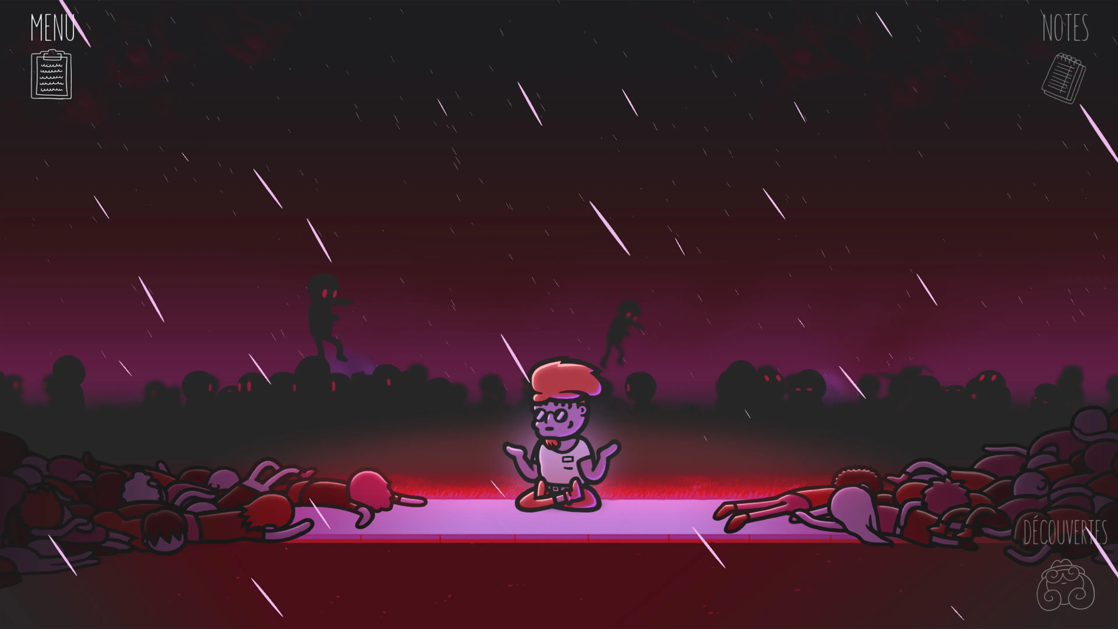 Scène intense sous la pluie dans Mindcop, le personnage principal confronté à des silhouettes menaçantes