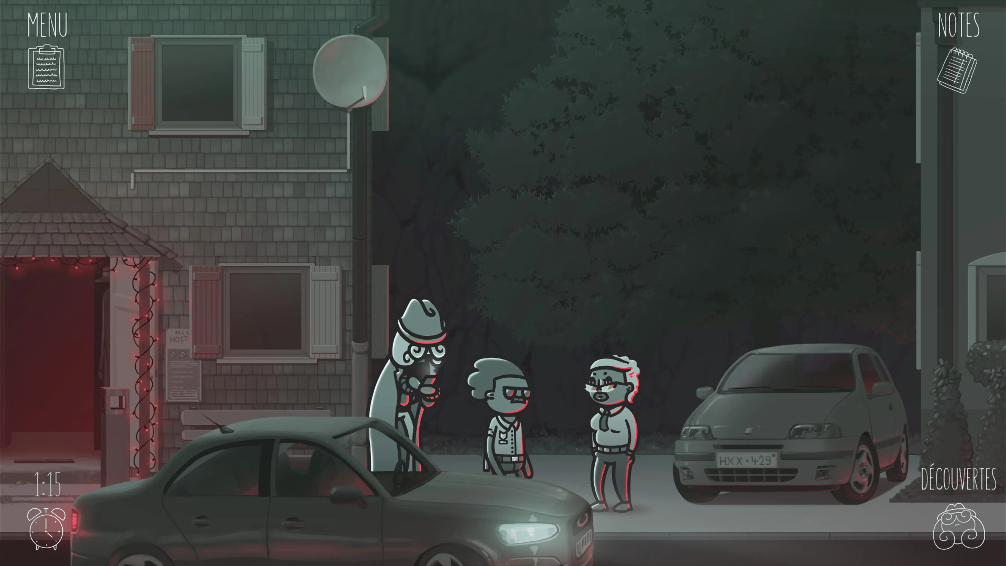 Scène de nuit dans le jeu vidéo Mindcop, avec des personnages discutant près d'un immeuble et des voitures garées, créant une atmosphère de mystère